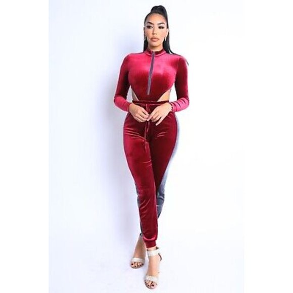 Women's Sexy Cute Velvet Bodysuit and Matching Jogger Pants 2 Piece Set S M L - Picture 3 of 11